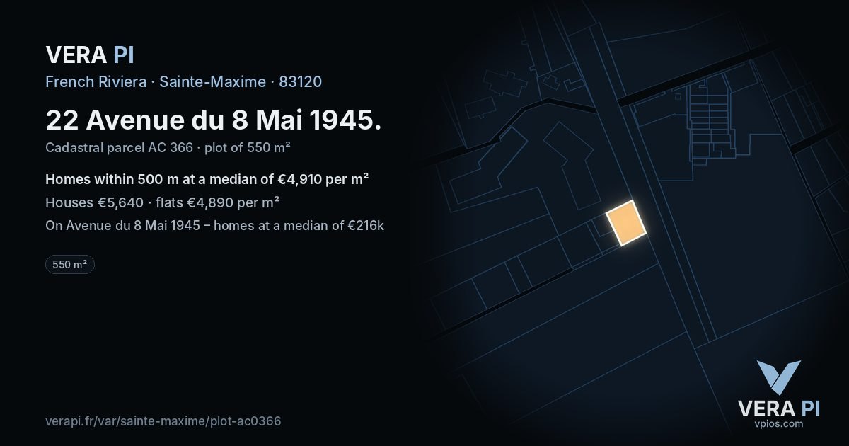22 Avenue du 8 Mai 1945, Sainte-Maxime at night – the plot lit, the parcels around coloured by the prices near them