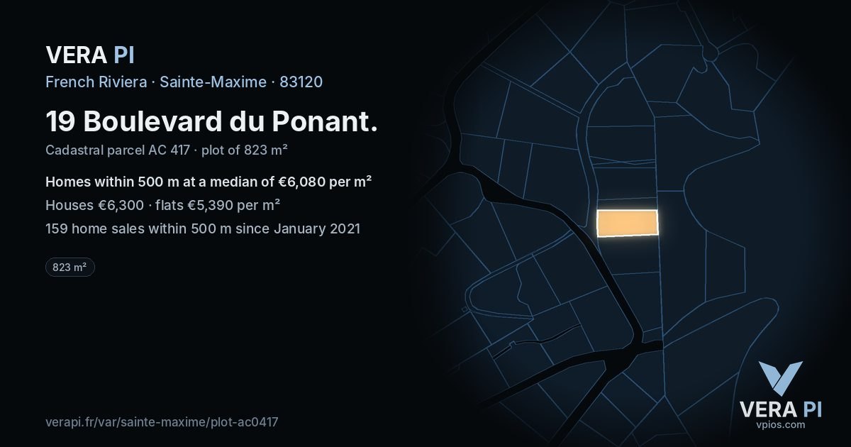 19 Boulevard du Ponant, Sainte-Maxime at night – the plot lit, the parcels around coloured by the prices near them