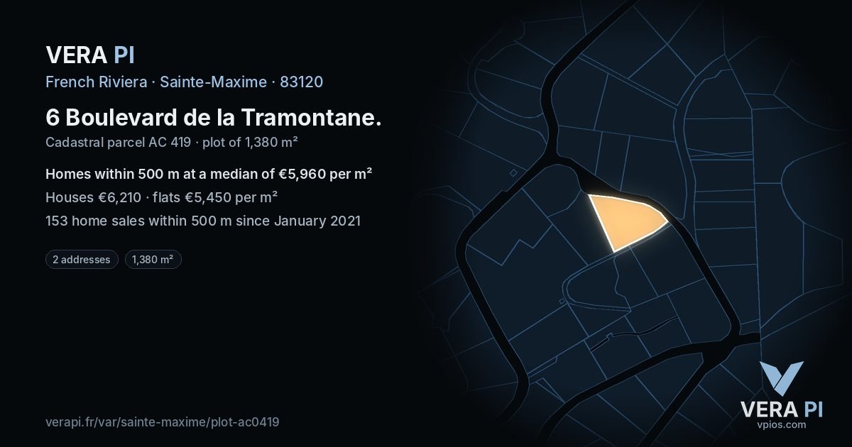 6 Boulevard de la Tramontane, Sainte-Maxime at night – the plot lit, the parcels around coloured by the prices near them