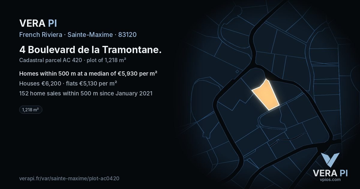 4 Boulevard de la Tramontane, Sainte-Maxime at night – the plot lit, the parcels around coloured by the prices near them