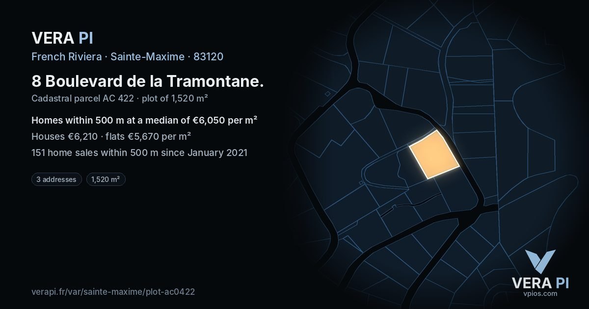 8 Boulevard de la Tramontane, Sainte-Maxime at night – the plot lit, the parcels around coloured by the prices near them