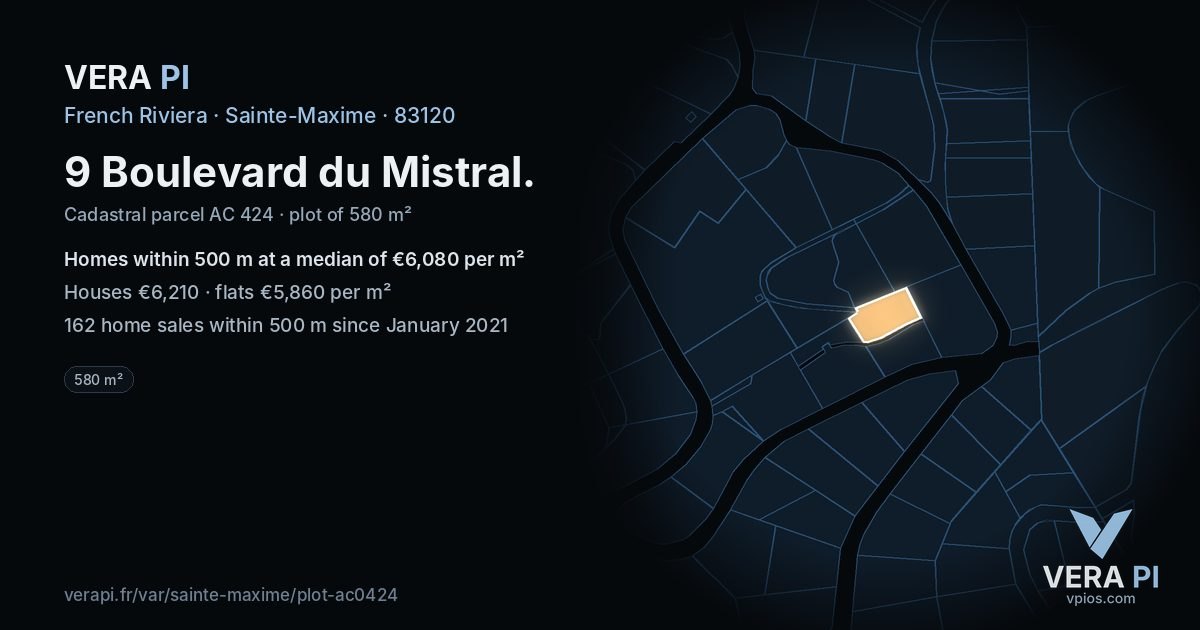 9 Boulevard du Mistral, Sainte-Maxime at night – the plot lit, the parcels around coloured by the prices near them