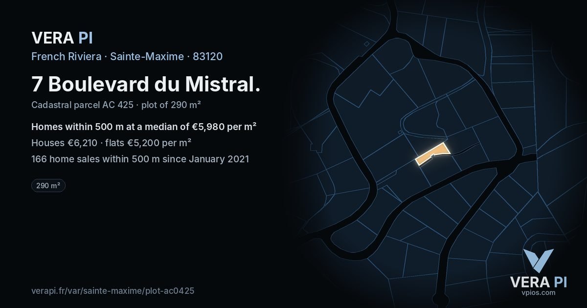 7 Boulevard du Mistral, Sainte-Maxime at night – the plot lit, the parcels around coloured by the prices near them