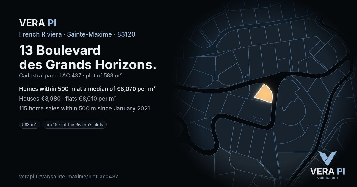 13 Boulevard des Grands Horizons, Sainte-Maxime at night – the plot lit, the parcels around coloured by the prices near them