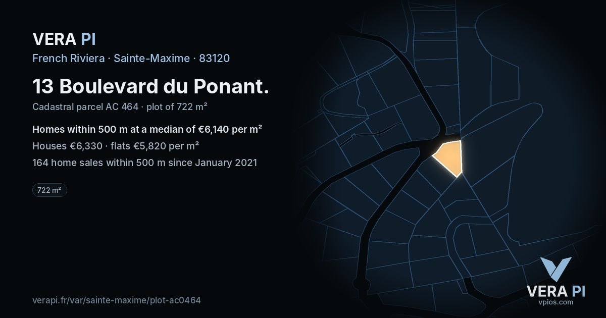 13 Boulevard du Ponant, Sainte-Maxime at night – the plot lit, the parcels around coloured by the prices near them