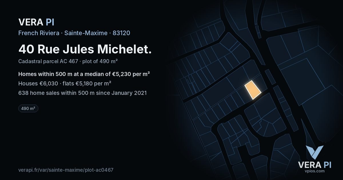 40 Rue Jules Michelet, Sainte-Maxime at night – the plot lit, the parcels around coloured by the prices near them