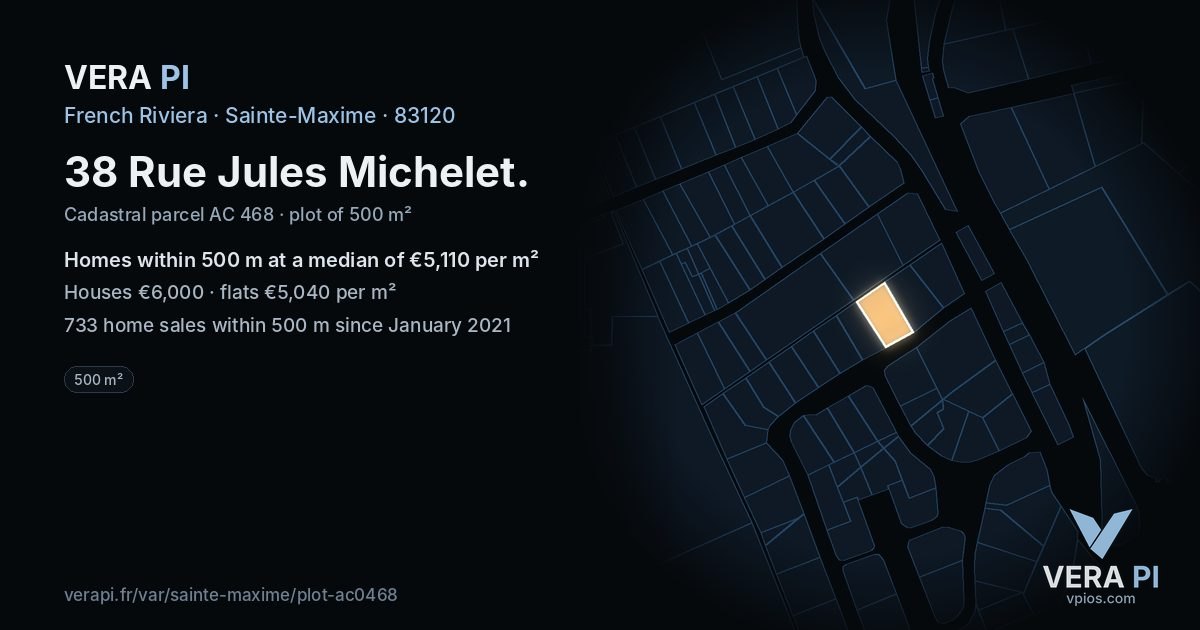 38 Rue Jules Michelet, Sainte-Maxime at night – the plot lit, the parcels around coloured by the prices near them