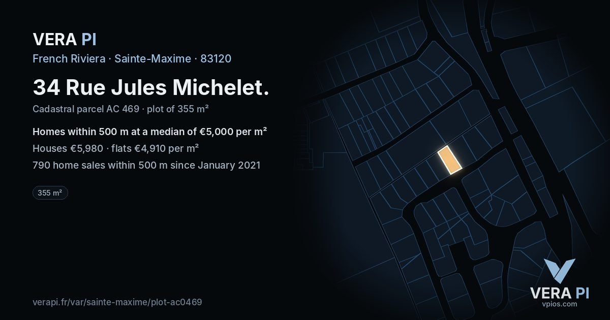 34 Rue Jules Michelet, Sainte-Maxime at night – the plot lit, the parcels around coloured by the prices near them