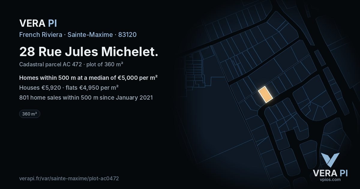 28 Rue Jules Michelet, Sainte-Maxime at night – the plot lit, the parcels around coloured by the prices near them