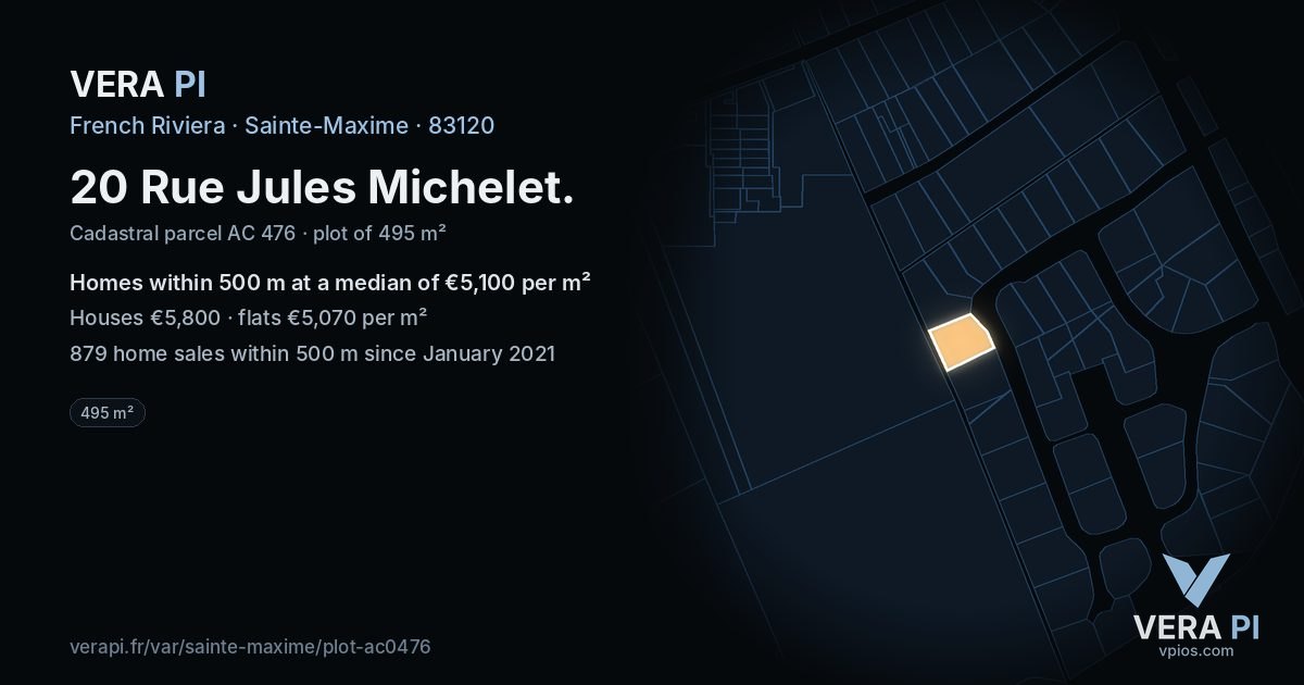 20 Rue Jules Michelet, Sainte-Maxime at night – the plot lit, the parcels around coloured by the prices near them