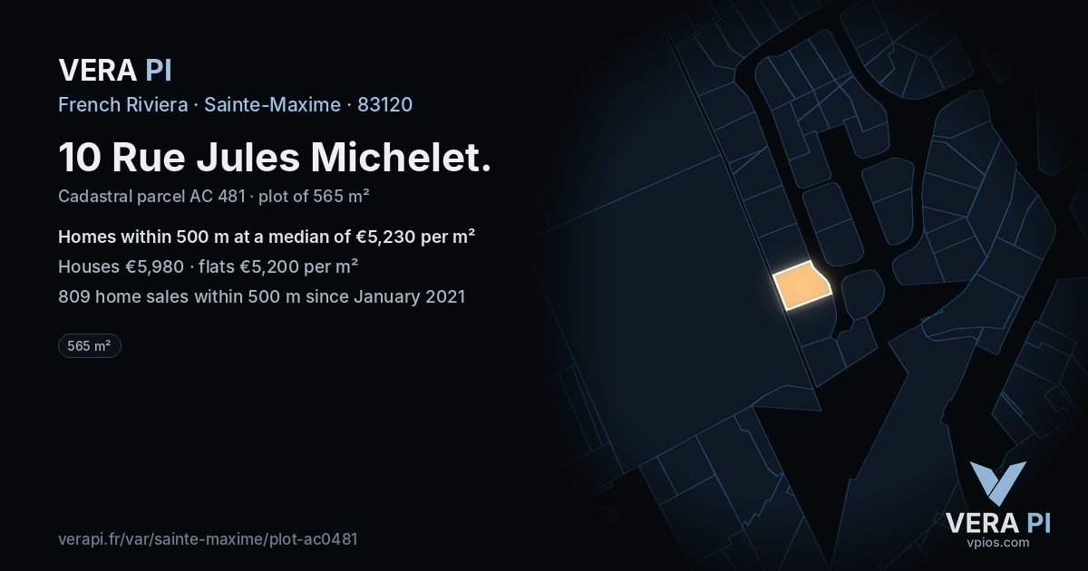 10 Rue Jules Michelet, Sainte-Maxime at night – the plot lit, the parcels around coloured by the prices near them
