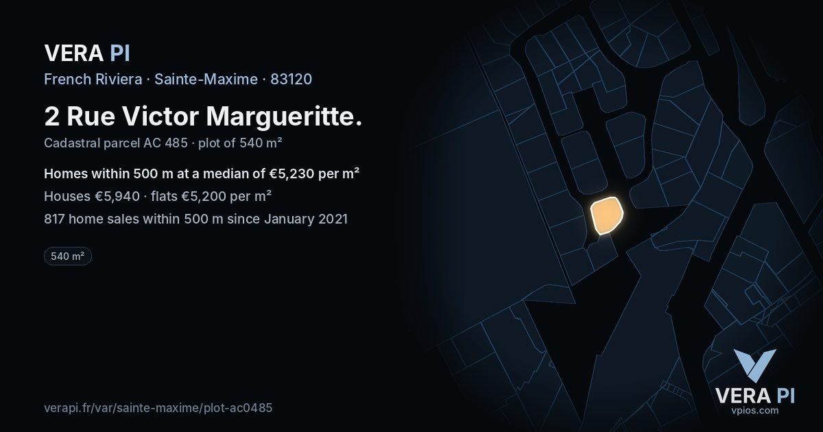 2 Rue Victor Margueritte, Sainte-Maxime at night – the plot lit, the parcels around coloured by the prices near them