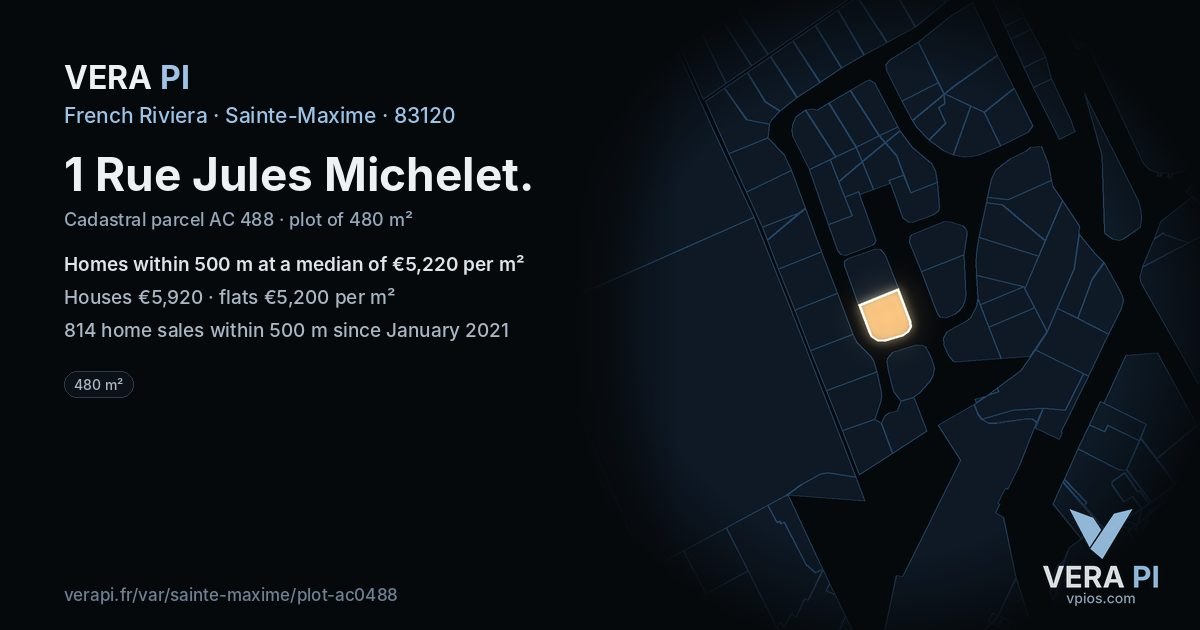 1 Rue Jules Michelet, Sainte-Maxime at night – the plot lit, the parcels around coloured by the prices near them