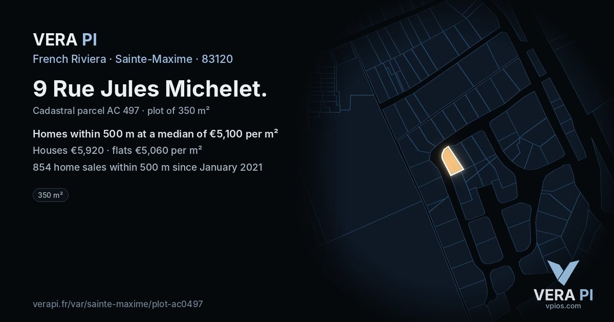 9 Rue Jules Michelet, Sainte-Maxime at night – the plot lit, the parcels around coloured by the prices near them