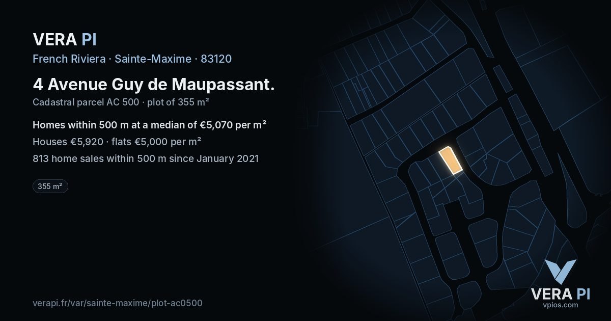 4 Avenue Guy de Maupassant, Sainte-Maxime at night – the plot lit, the parcels around coloured by the prices near them