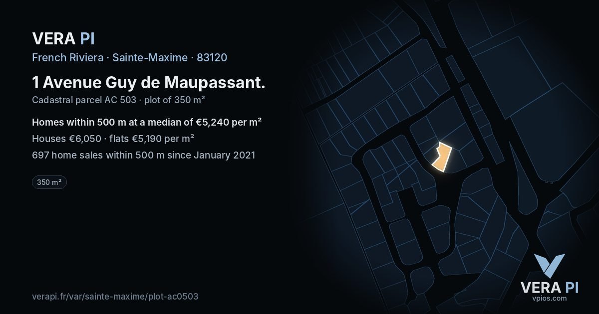 1 Avenue Guy de Maupassant, Sainte-Maxime at night – the plot lit, the parcels around coloured by the prices near them