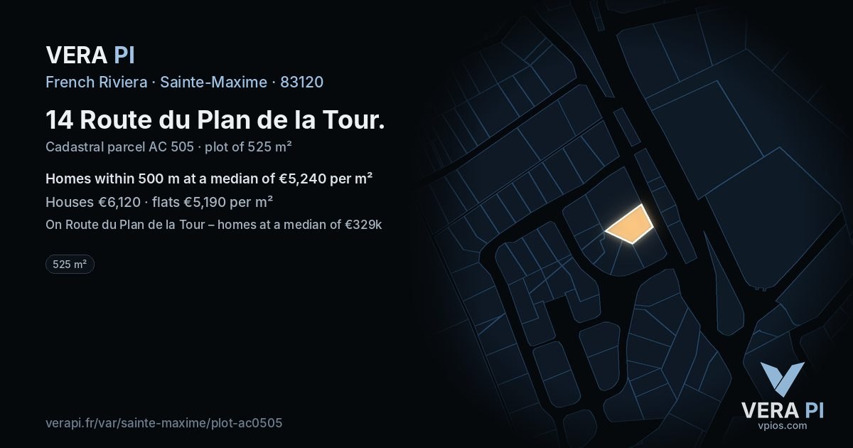 14 Route du Plan de la Tour, Sainte-Maxime at night – the plot lit, the parcels around coloured by the prices near them