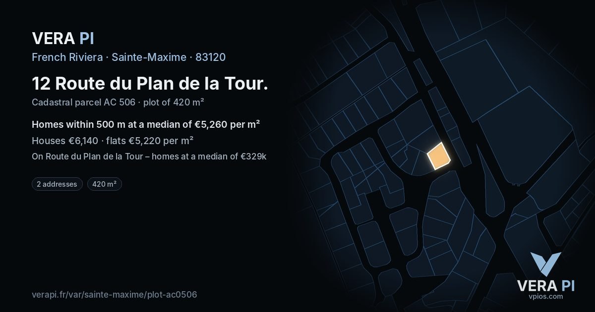 12 Route du Plan de la Tour, Sainte-Maxime at night – the plot lit, the parcels around coloured by the prices near them