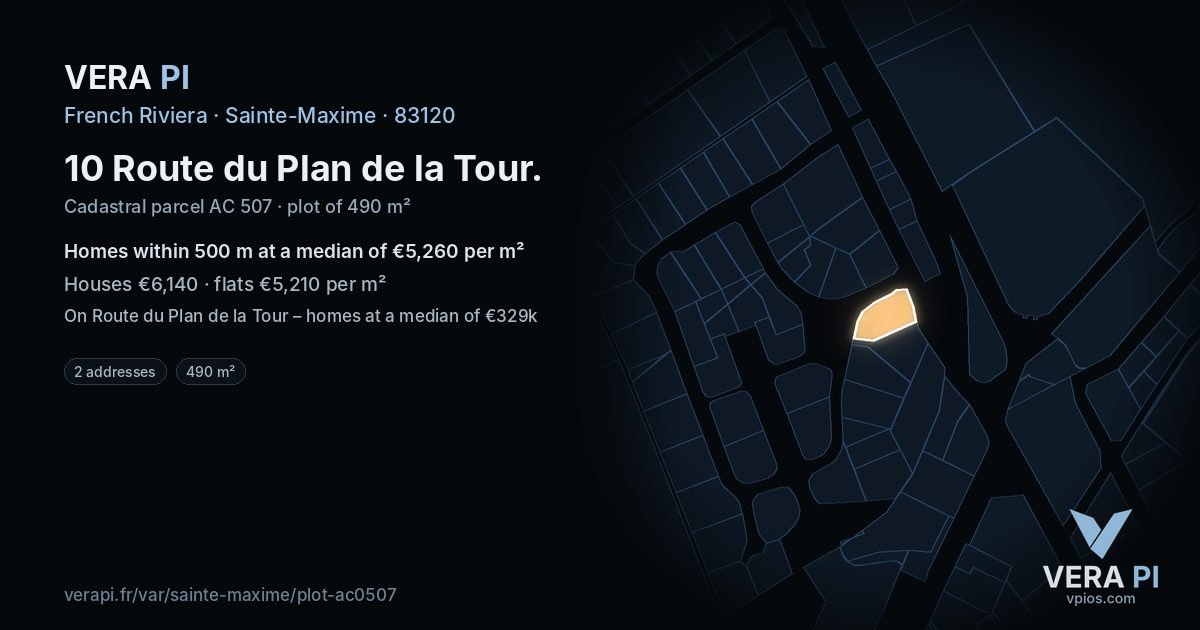 10 Route du Plan de la Tour, Sainte-Maxime at night – the plot lit, the parcels around coloured by the prices near them