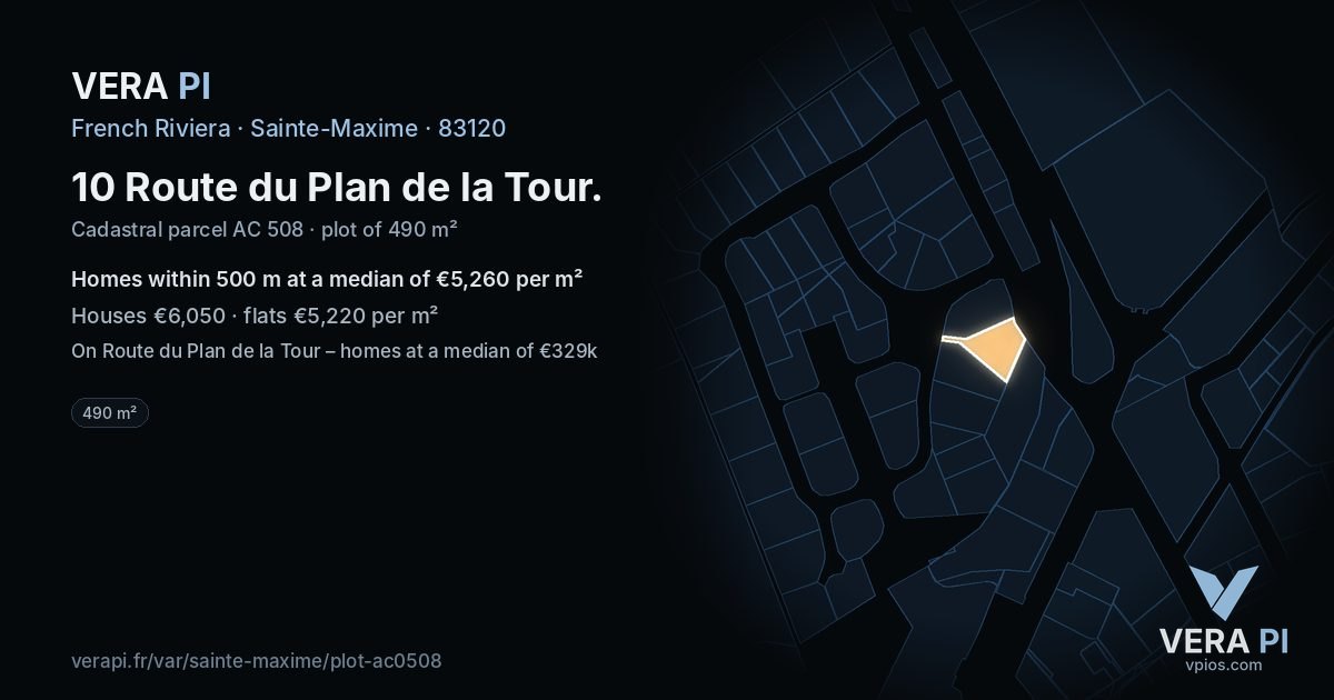10 Route du Plan de la Tour, Sainte-Maxime at night – the plot lit, the parcels around coloured by the prices near them