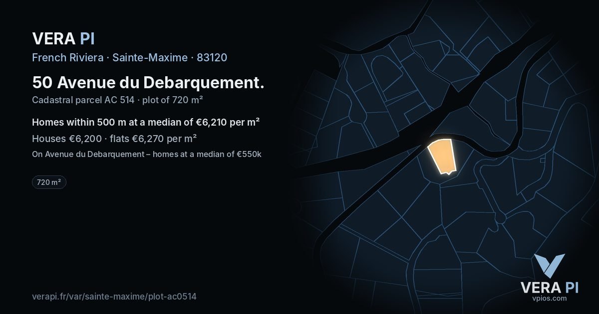 50 Avenue du Debarquement, Sainte-Maxime at night – the plot lit, the parcels around coloured by the prices near them