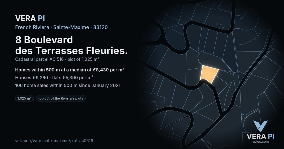 8 Boulevard des Terrasses Fleuries, Sainte-Maxime at night – the plot lit, the parcels around coloured by the prices near them