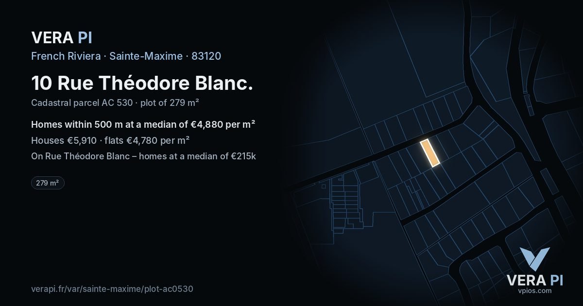10 Rue Théodore Blanc, Sainte-Maxime at night – the plot lit, the parcels around coloured by the prices near them