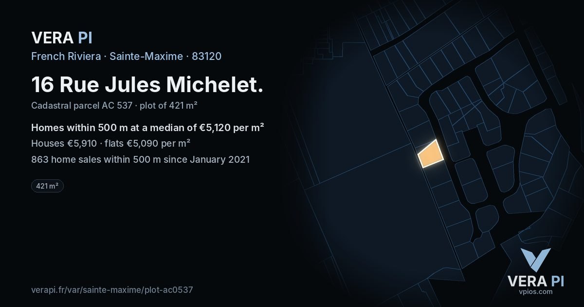 16 Rue Jules Michelet, Sainte-Maxime at night – the plot lit, the parcels around coloured by the prices near them