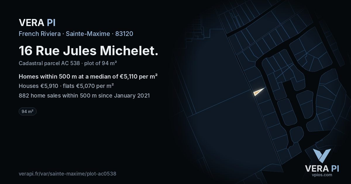 16 Rue Jules Michelet, Sainte-Maxime at night – the plot lit, the parcels around coloured by the prices near them
