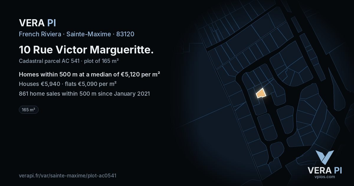 10 Rue Victor Margueritte, Sainte-Maxime at night – the plot lit, the parcels around coloured by the prices near them