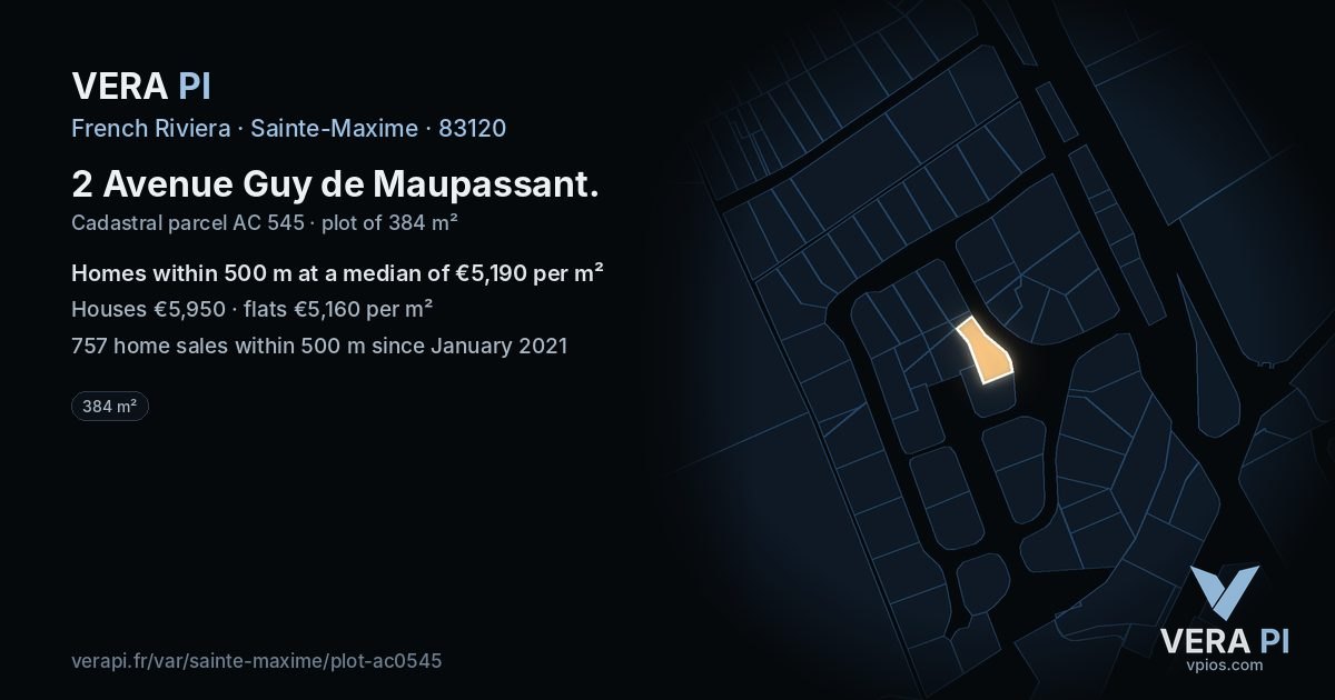 2 Avenue Guy de Maupassant, Sainte-Maxime at night – the plot lit, the parcels around coloured by the prices near them