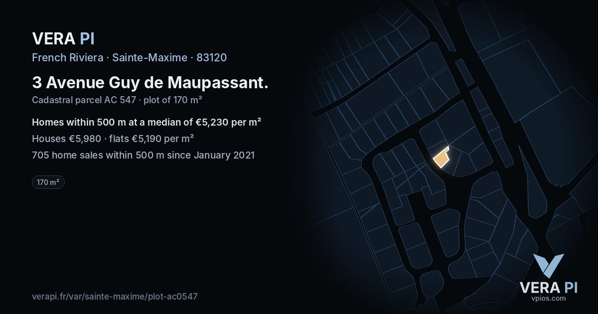 3 Avenue Guy de Maupassant, Sainte-Maxime at night – the plot lit, the parcels around coloured by the prices near them