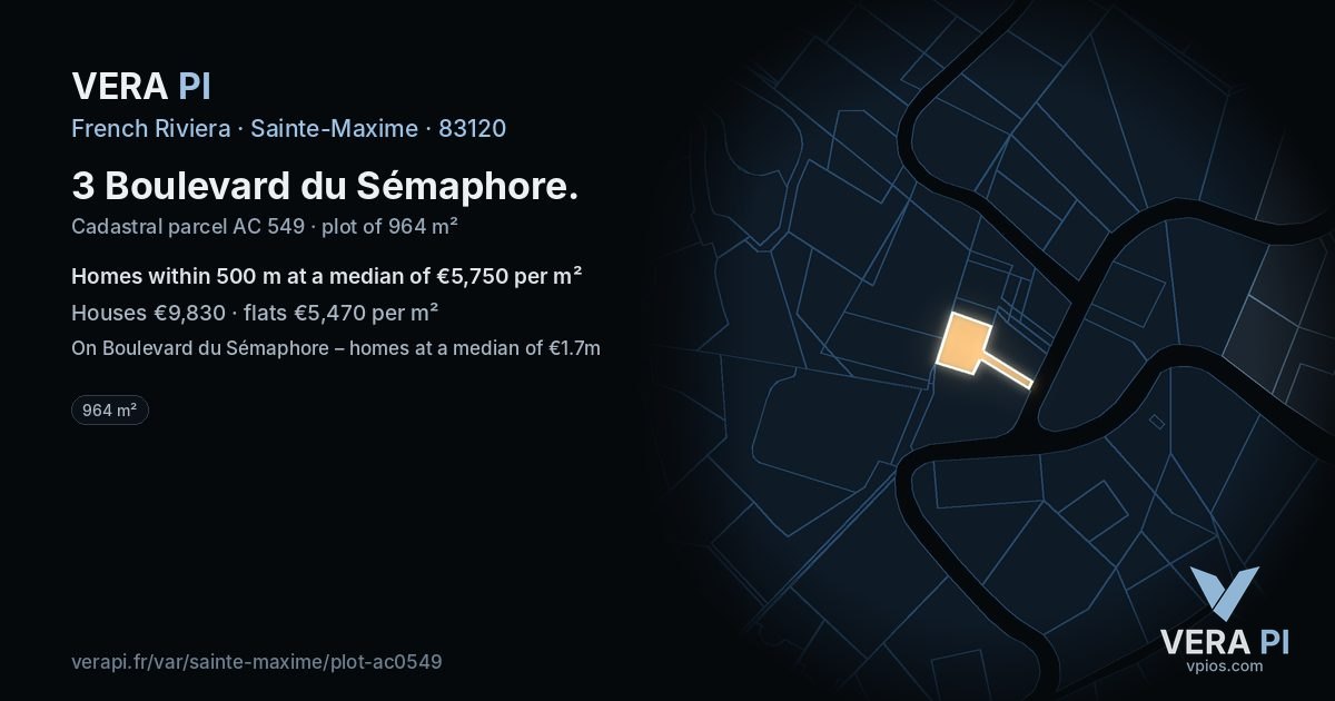 3 Boulevard du Sémaphore, Sainte-Maxime at night – the plot lit, the parcels around coloured by the prices near them