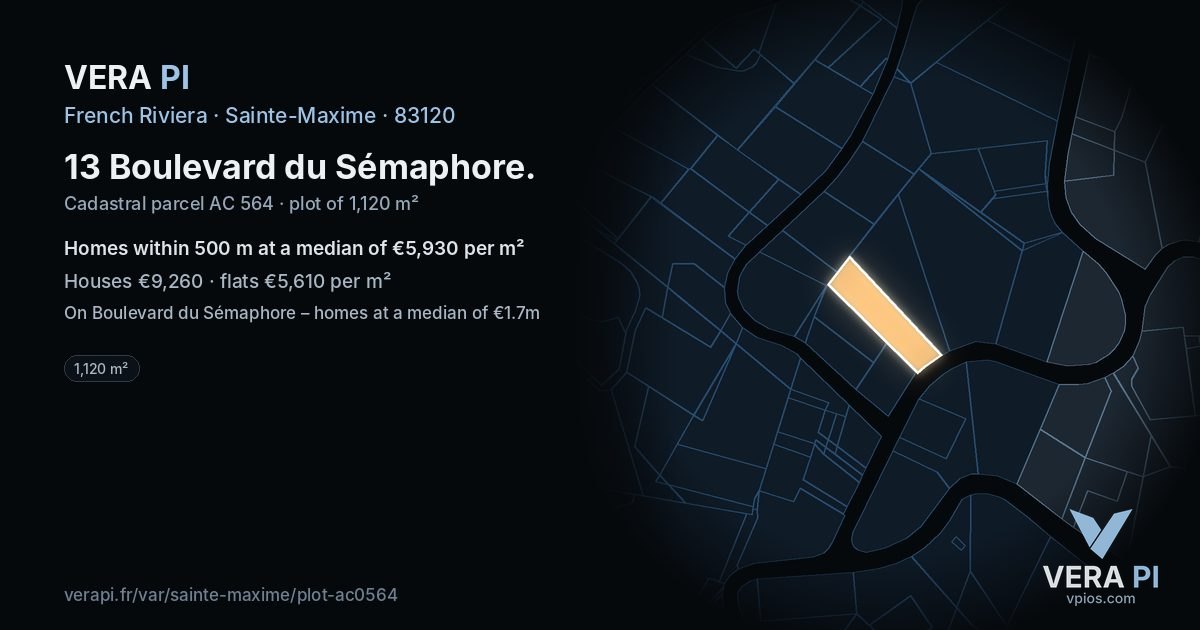 13 Boulevard du Sémaphore, Sainte-Maxime at night – the plot lit, the parcels around coloured by the prices near them