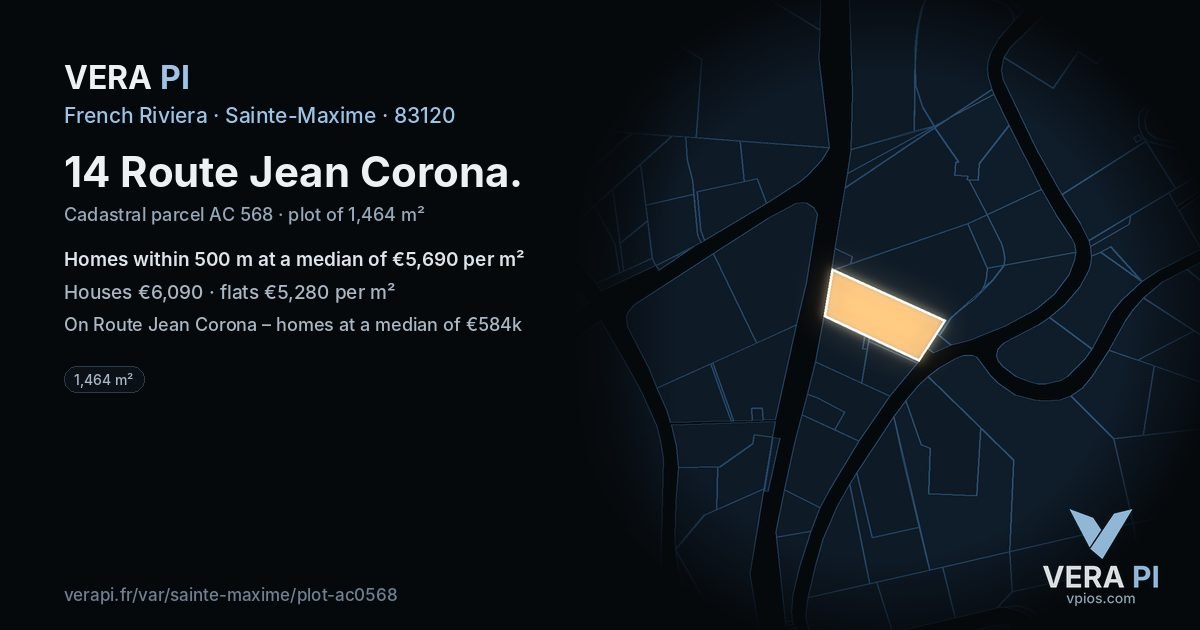 14 Route Jean Corona, Sainte-Maxime at night – the plot lit, the parcels around coloured by the prices near them
