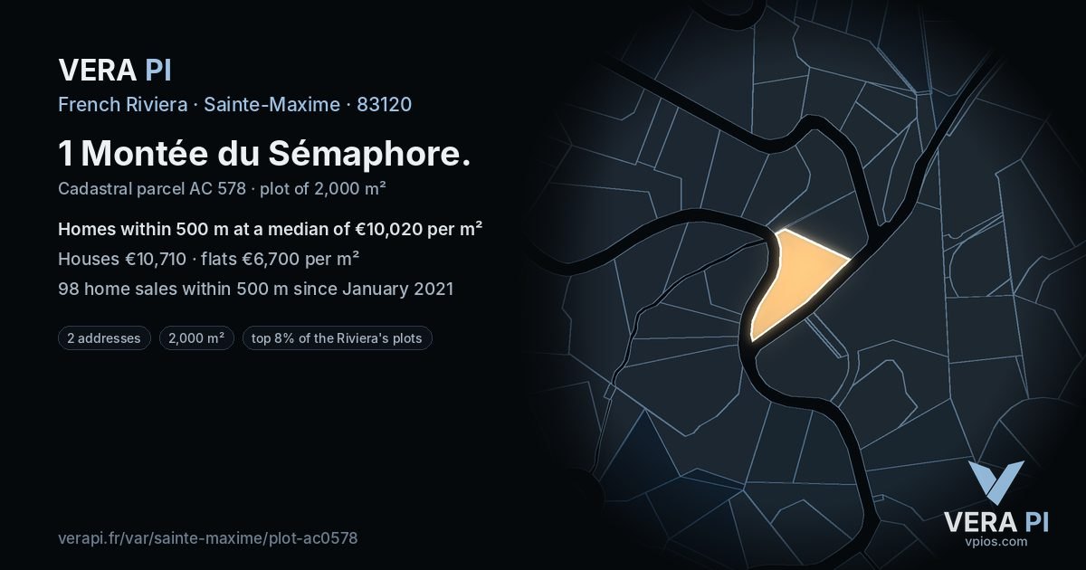 1 Montée du Sémaphore, Sainte-Maxime at night – the plot lit, the parcels around coloured by the prices near them