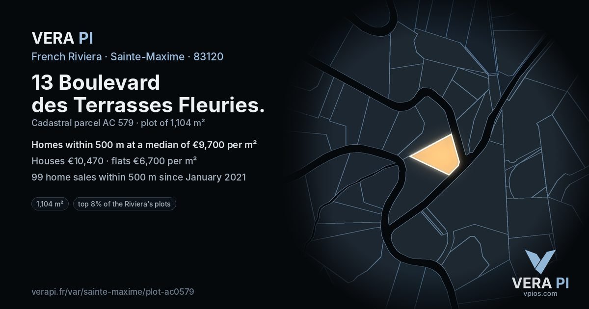 13 Boulevard des Terrasses Fleuries, Sainte-Maxime at night – the plot lit, the parcels around coloured by the prices near them