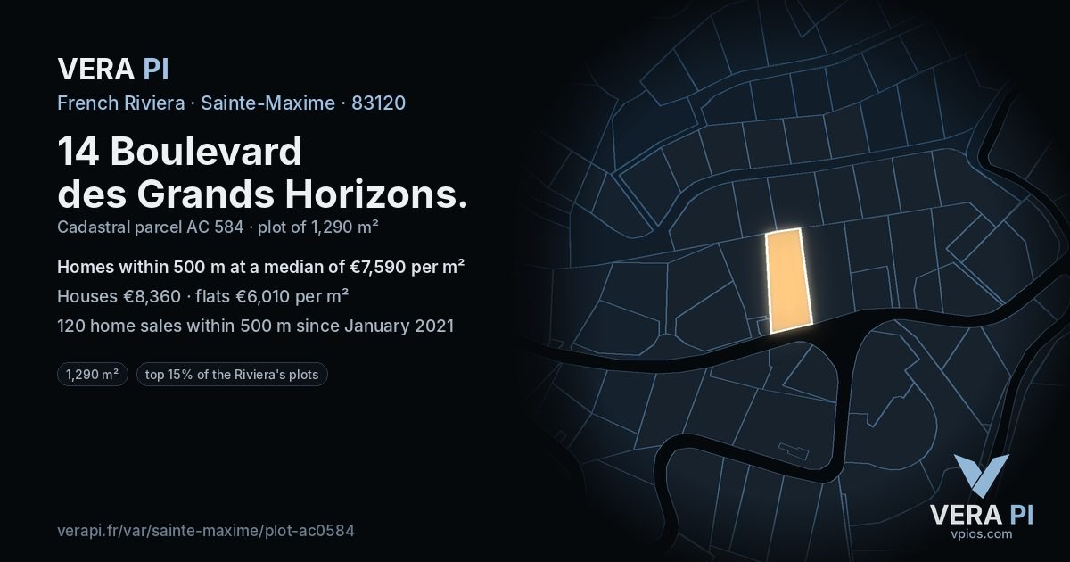 14 Boulevard des Grands Horizons, Sainte-Maxime at night – the plot lit, the parcels around coloured by the prices near them