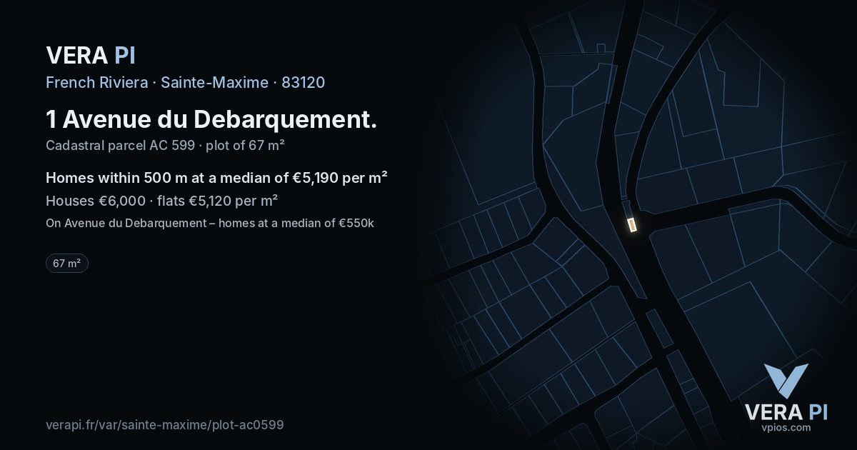 1 Avenue du Debarquement, Sainte-Maxime at night – the plot lit, the parcels around coloured by the prices near them
