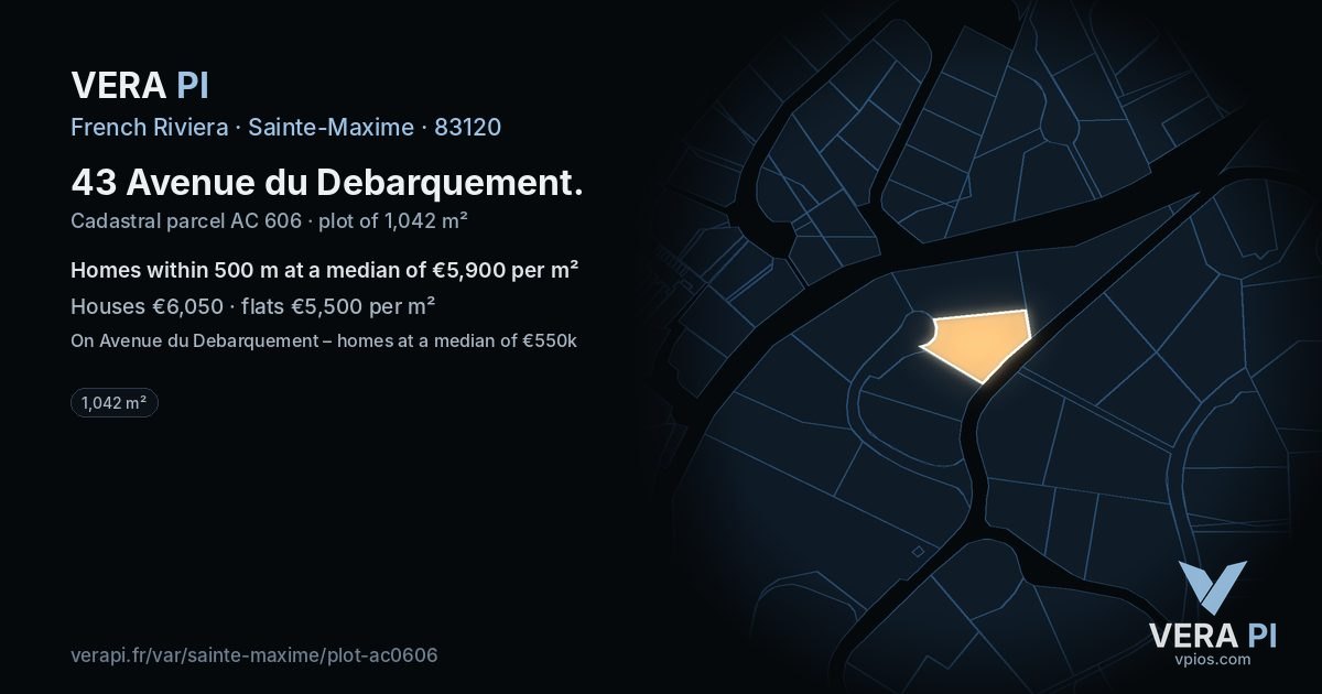 43 Avenue du Debarquement, Sainte-Maxime at night – the plot lit, the parcels around coloured by the prices near them
