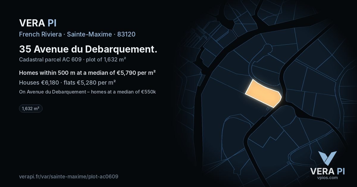 35 Avenue du Debarquement, Sainte-Maxime at night – the plot lit, the parcels around coloured by the prices near them