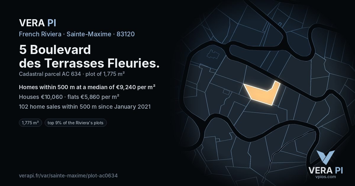 5 Boulevard des Terrasses Fleuries, Sainte-Maxime at night – the plot lit, the parcels around coloured by the prices near them