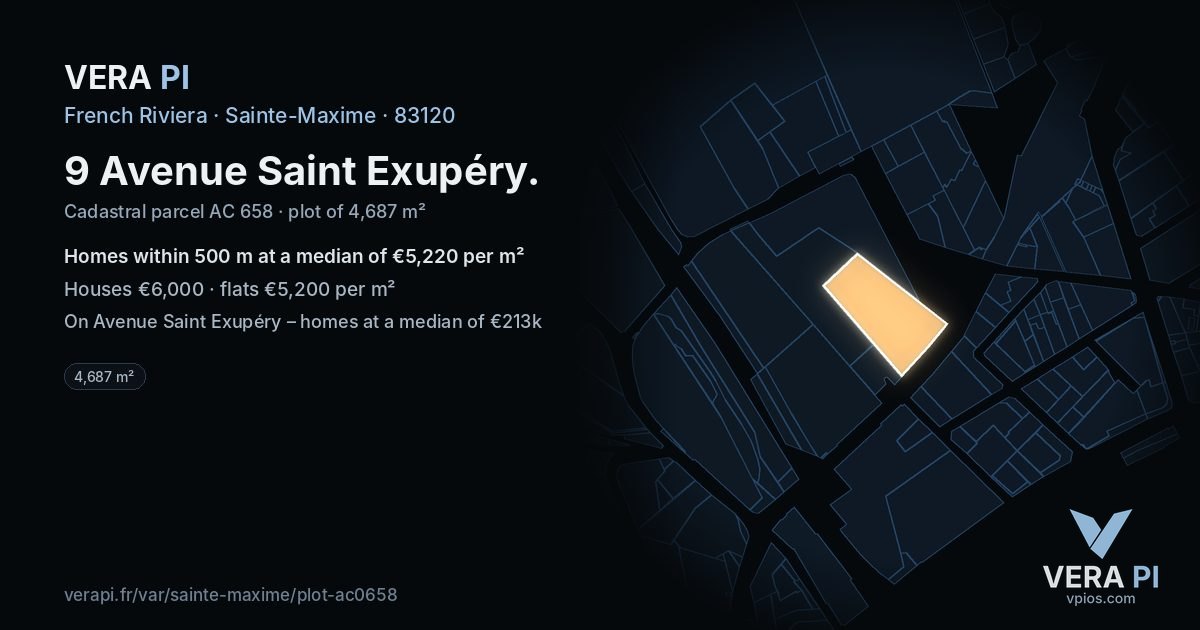 9 Avenue Saint Exupéry, Sainte-Maxime at night – the plot lit, the parcels around coloured by the prices near them