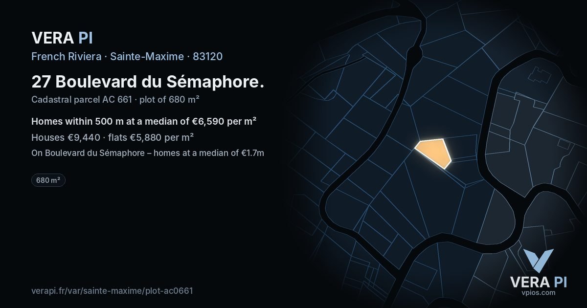 27 Boulevard du Sémaphore, Sainte-Maxime at night – the plot lit, the parcels around coloured by the prices near them
