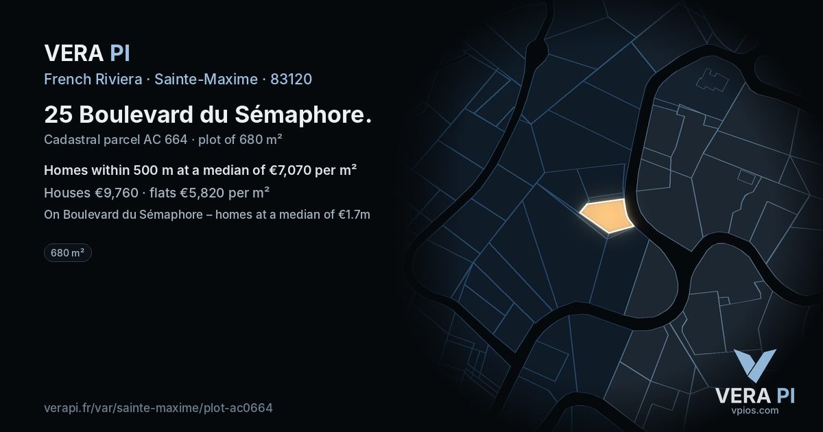 25 Boulevard du Sémaphore, Sainte-Maxime at night – the plot lit, the parcels around coloured by the prices near them