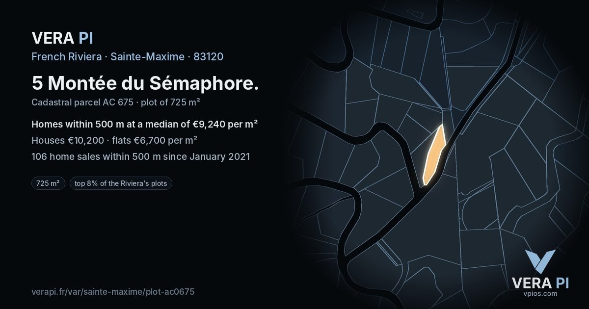5 Montée du Sémaphore, Sainte-Maxime at night – the plot lit, the parcels around coloured by the prices near them