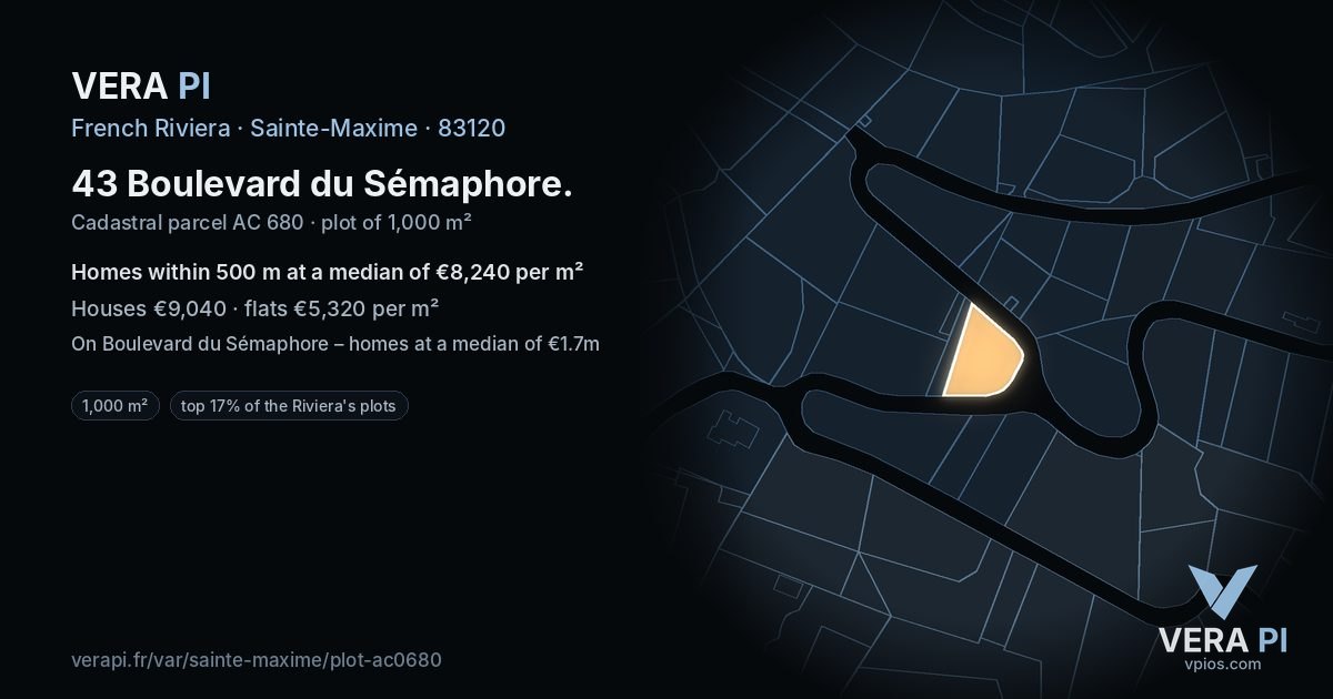 43 Boulevard du Sémaphore, Sainte-Maxime at night – the plot lit, the parcels around coloured by the prices near them