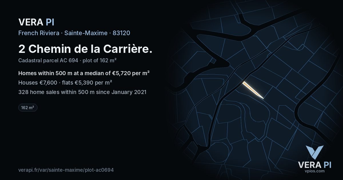 2 Chemin de la Carrière, Sainte-Maxime at night – the plot lit, the parcels around coloured by the prices near them