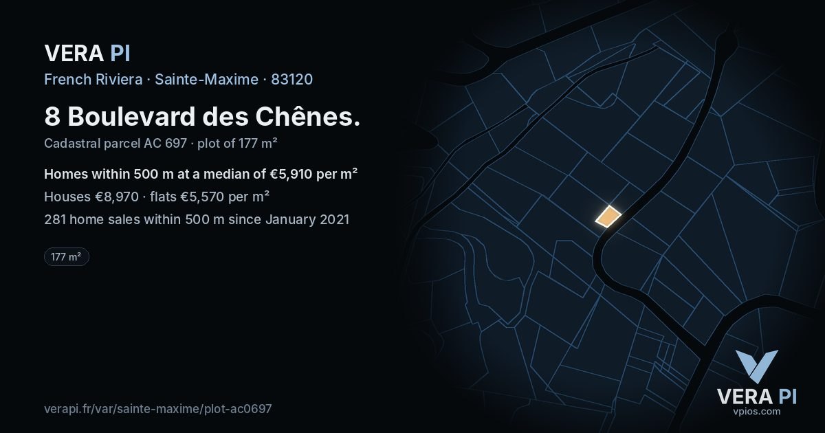 8 Boulevard des Chênes, Sainte-Maxime at night – the plot lit, the parcels around coloured by the prices near them