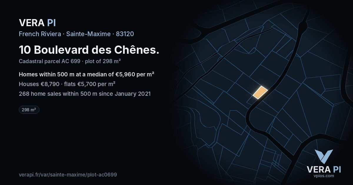 10 Boulevard des Chênes, Sainte-Maxime at night – the plot lit, the parcels around coloured by the prices near them